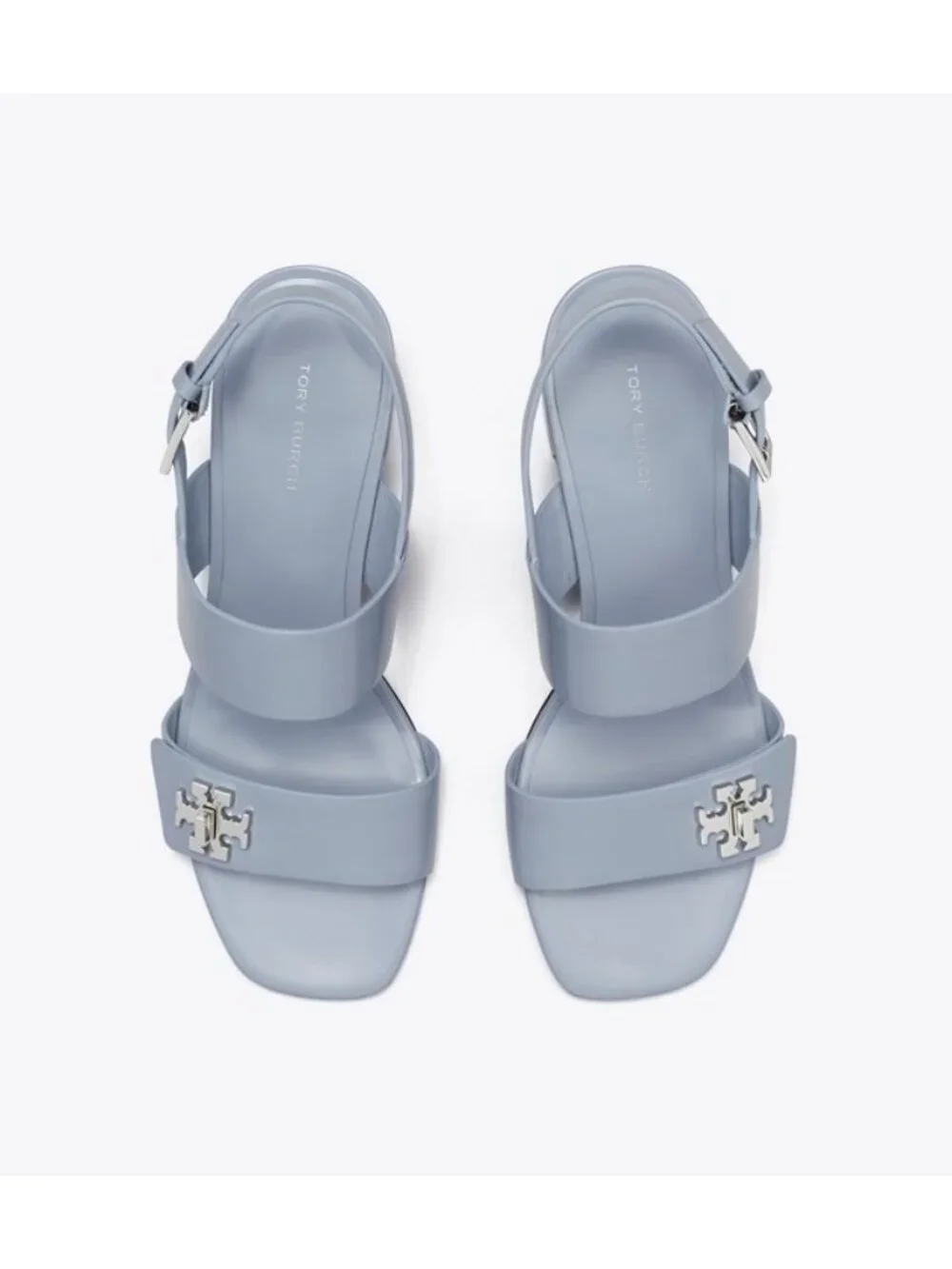Tory Burch Turnlock Slingback Sandals Women's Blue Leather Block Heel Open Toe